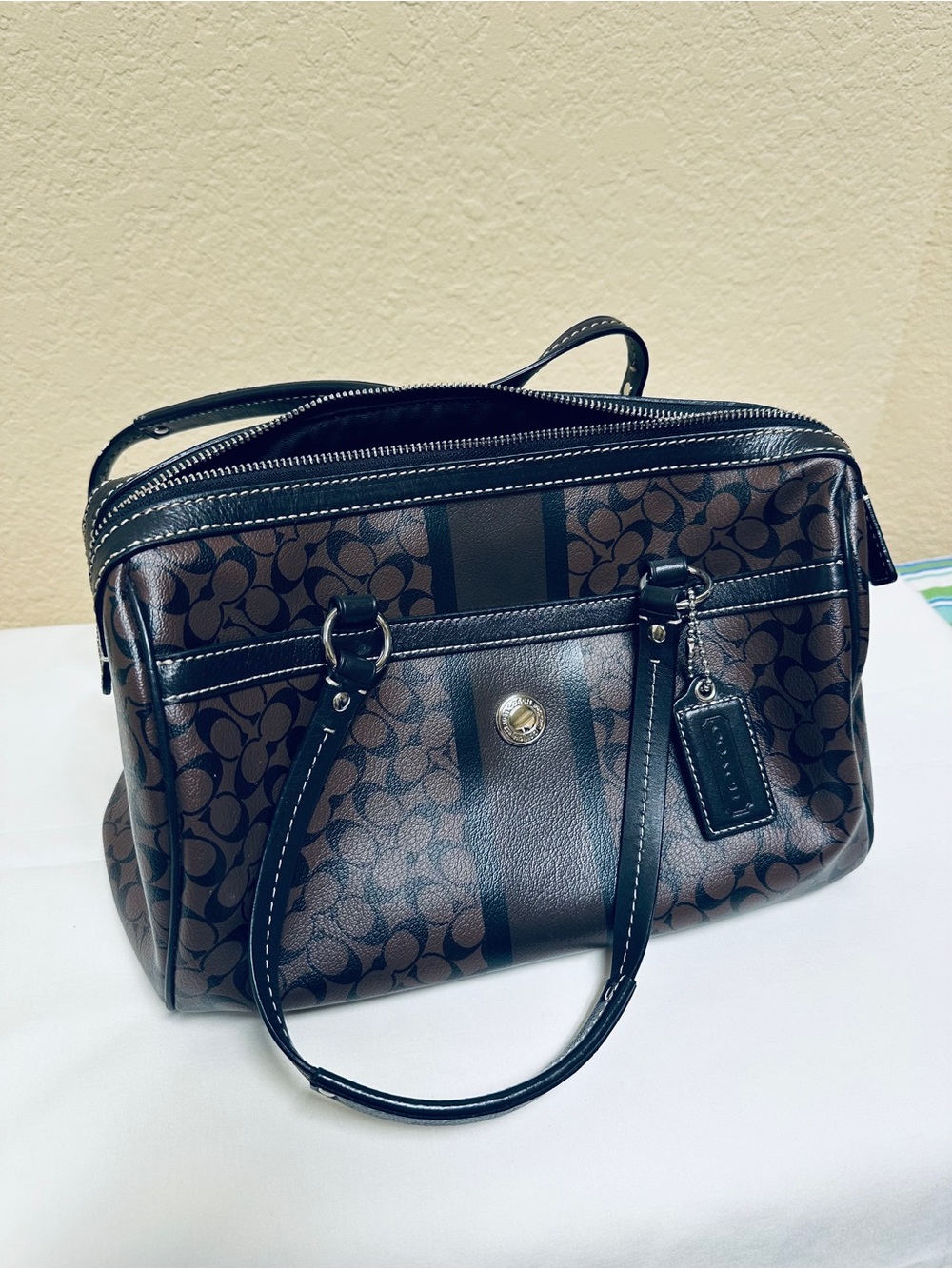 Coach Brown Monogram Satchel with Black Accents